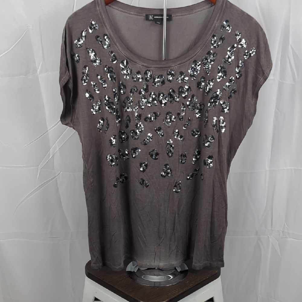 INC International Concepts Gray Sequin Short Sleeve Top